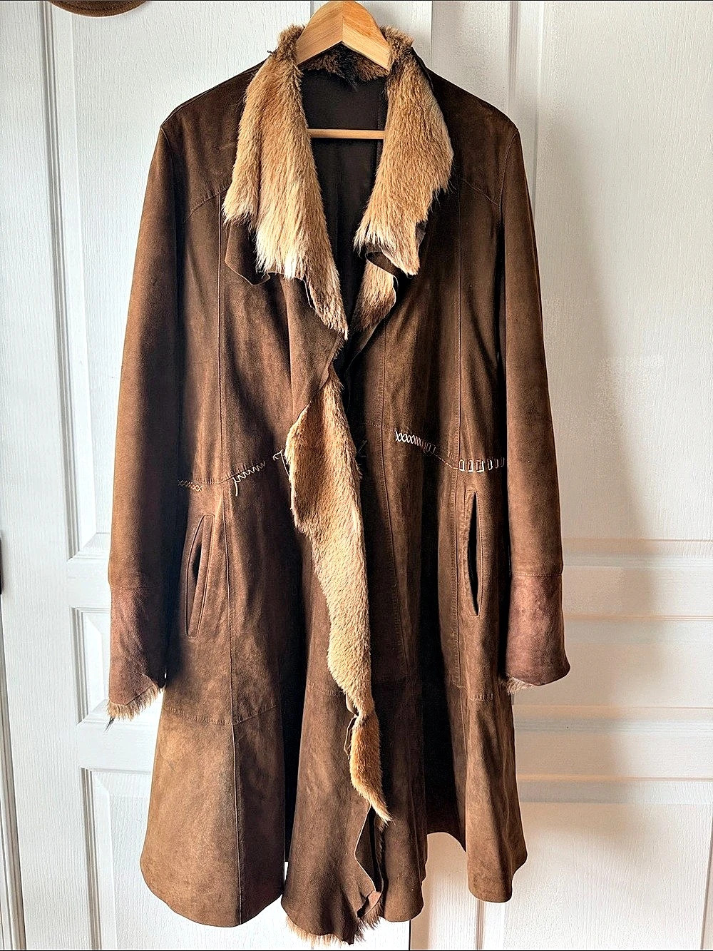 RIZAL Leather Fur Trim Coat Brown Size 38 (10)